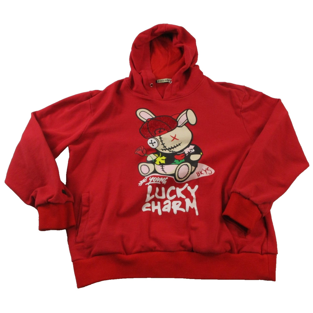 Lucky Charm Hoodie Kids Large Red Bunny Graphic Rhinestone Pullover 1648